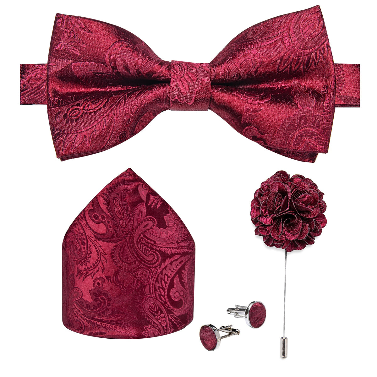 Men's Silk Pre-Tied Butterfly Knot Bow Tie Set with Cufflinks & Corsage for Wedding
