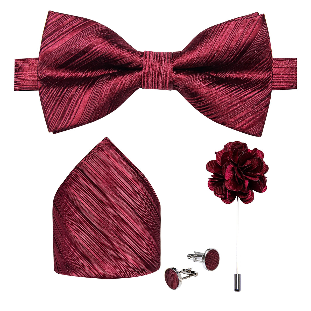 Men's Silk Pre-Tied Butterfly Knot Bow Tie Set with Cufflinks & Corsage for Wedding