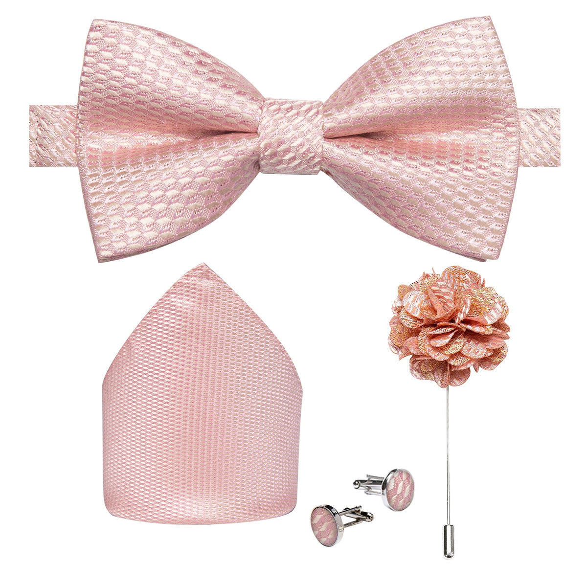 Men's Silk Pre-Tied Butterfly Knot Bow Tie Set with Cufflinks & Corsage for Wedding