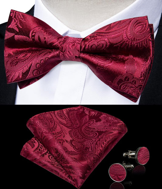 Nœud papillon classique rouge pré-noué pour mariage, boutons de manchette, corsage, ensemble pour fête, nœud papillon en soie, cadeau pour homme, accessoires
