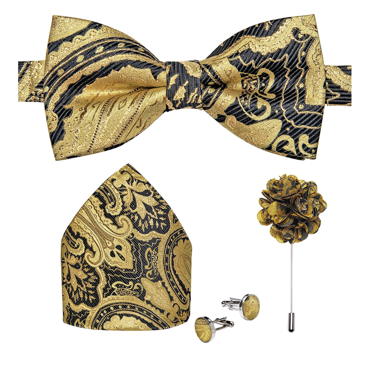 Men's Silk Pre-Tied Butterfly Knot Bow Tie Set with Cufflinks & Corsage for Wedding