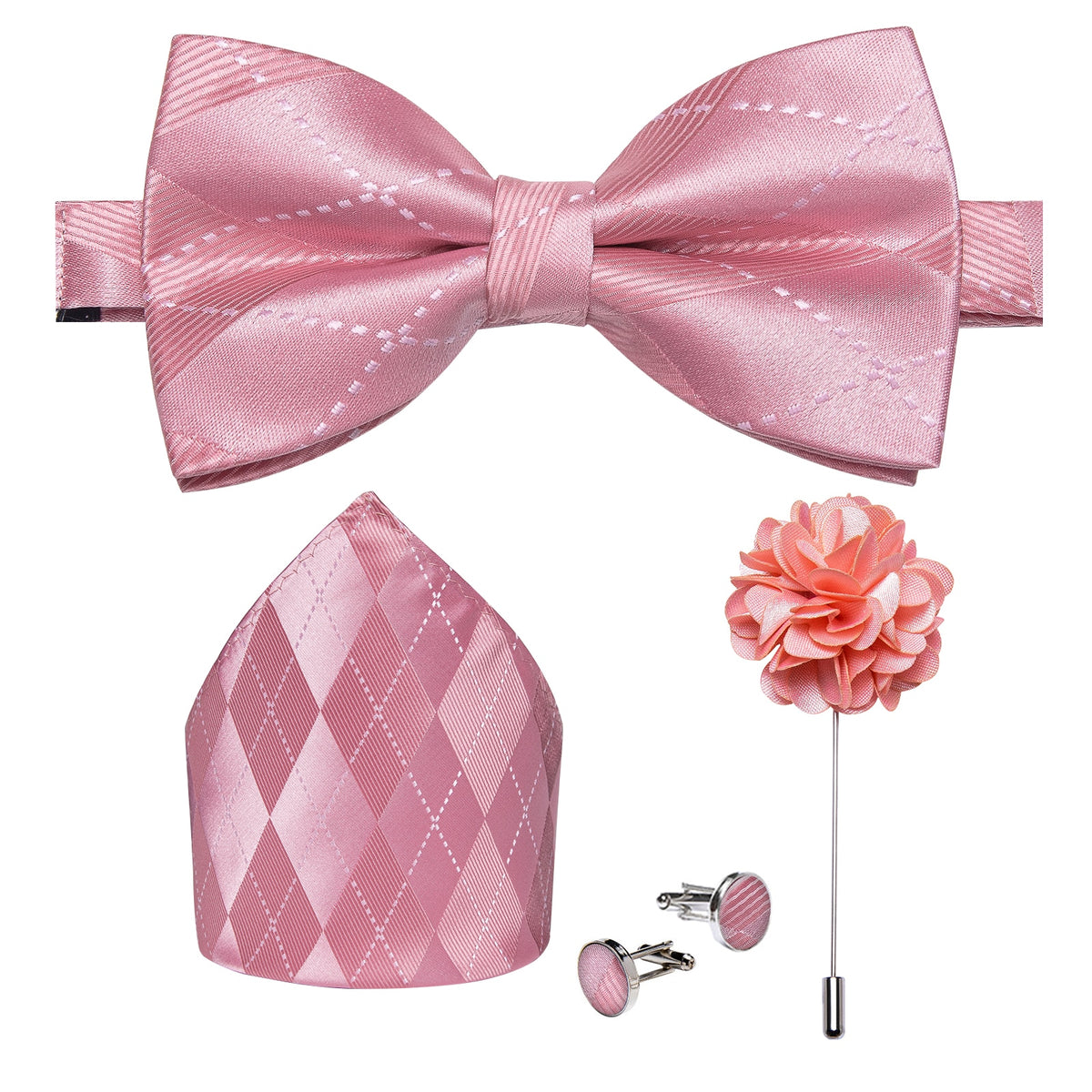 Men's Silk Pre-Tied Butterfly Knot Bow Tie Set with Cufflinks & Corsage for Wedding