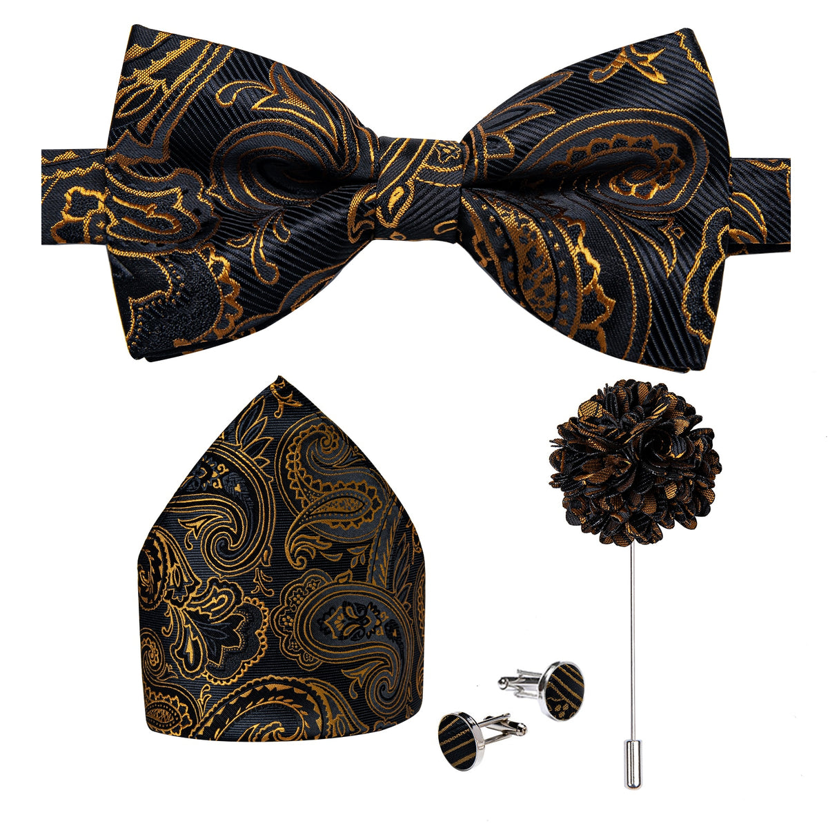 Men's Silk Pre-Tied Butterfly Knot Bow Tie Set with Cufflinks & Corsage for Wedding