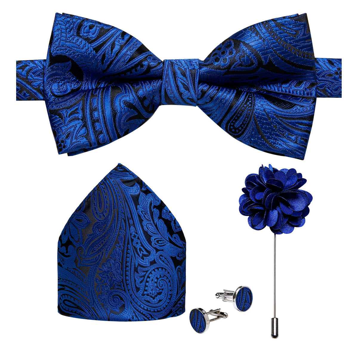 Men's Silk Pre-Tied Butterfly Knot Bow Tie Set with Cufflinks & Corsage for Wedding