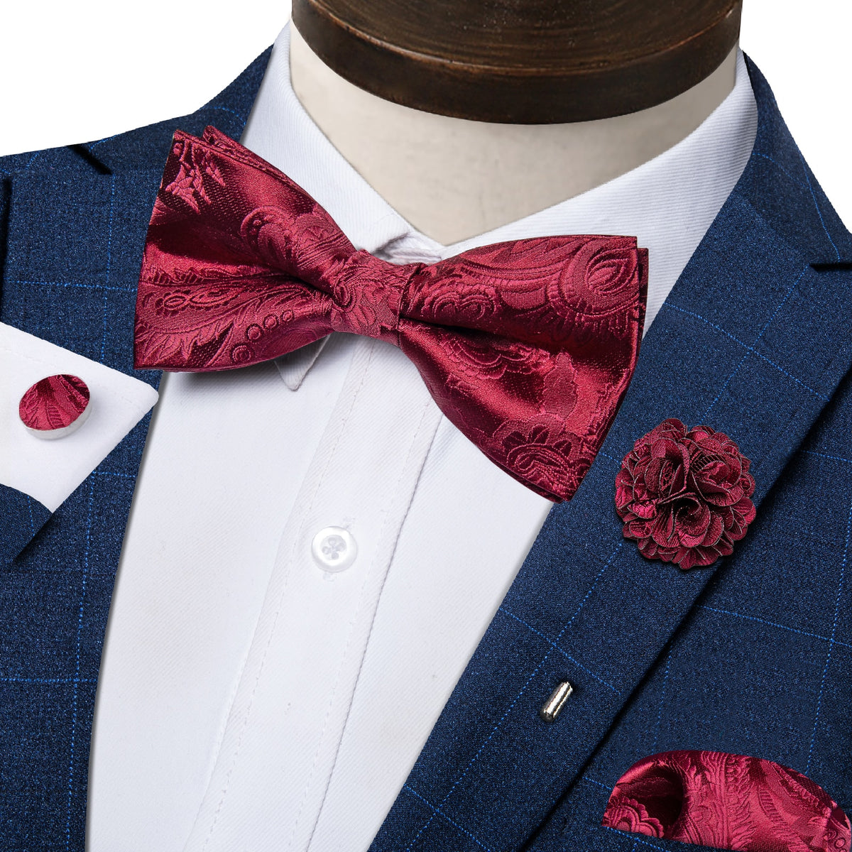 Men's Silk Pre-Tied Butterfly Knot Bow Tie Set with Cufflinks & Corsage for Wedding
