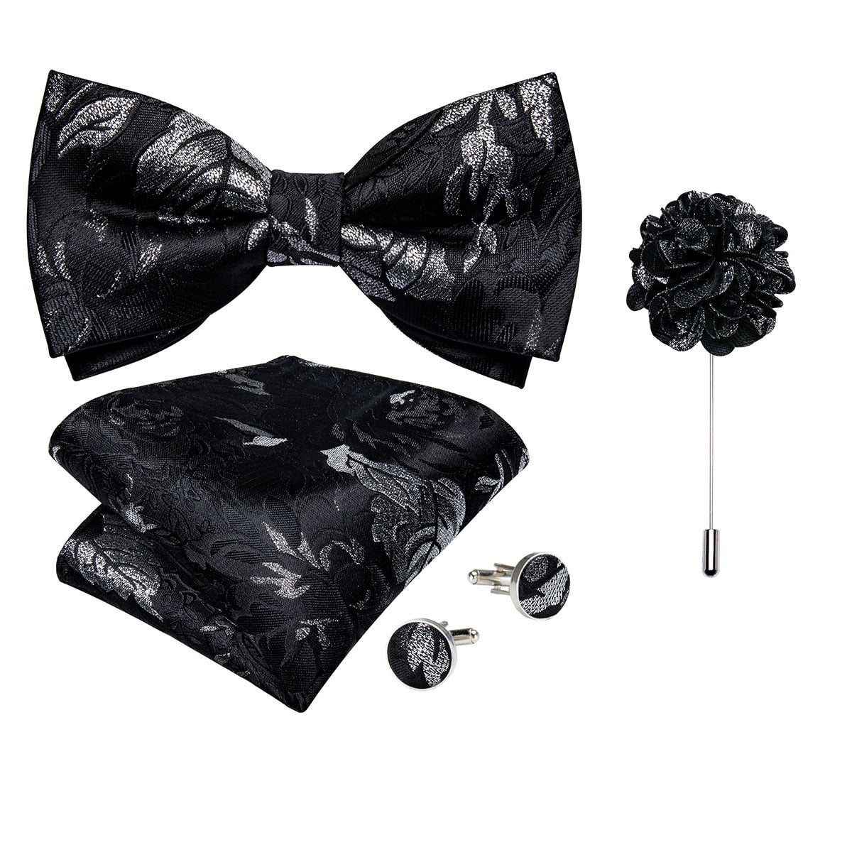 Men's Silk Pre-Tied Butterfly Knot Bow Tie Set with Cufflinks & Corsage for Wedding