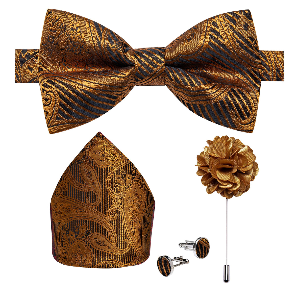 Men's Silk Pre-Tied Butterfly Knot Bow Tie Set with Cufflinks & Corsage for Wedding