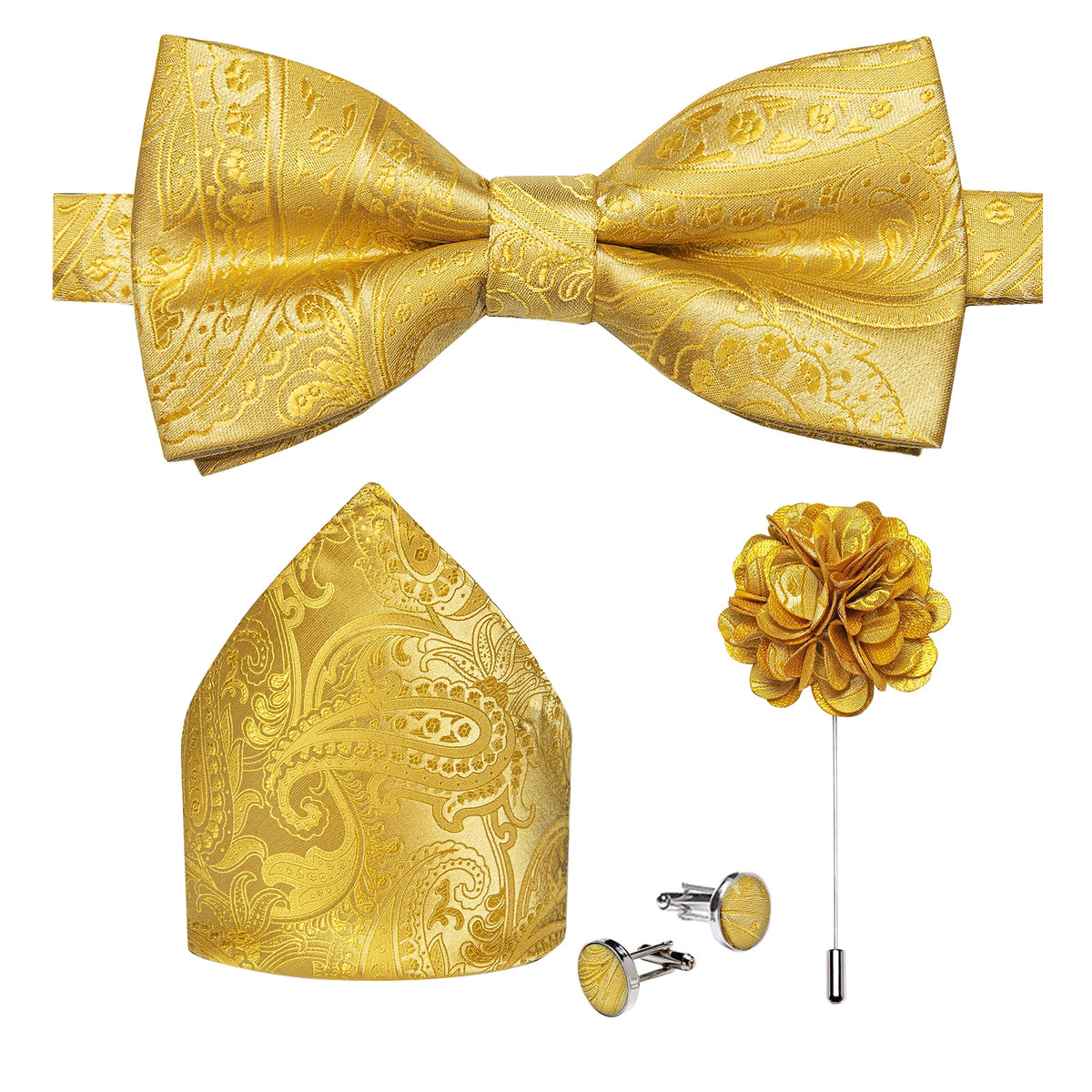 Men's Silk Pre-Tied Butterfly Knot Bow Tie Set with Cufflinks & Corsage for Wedding