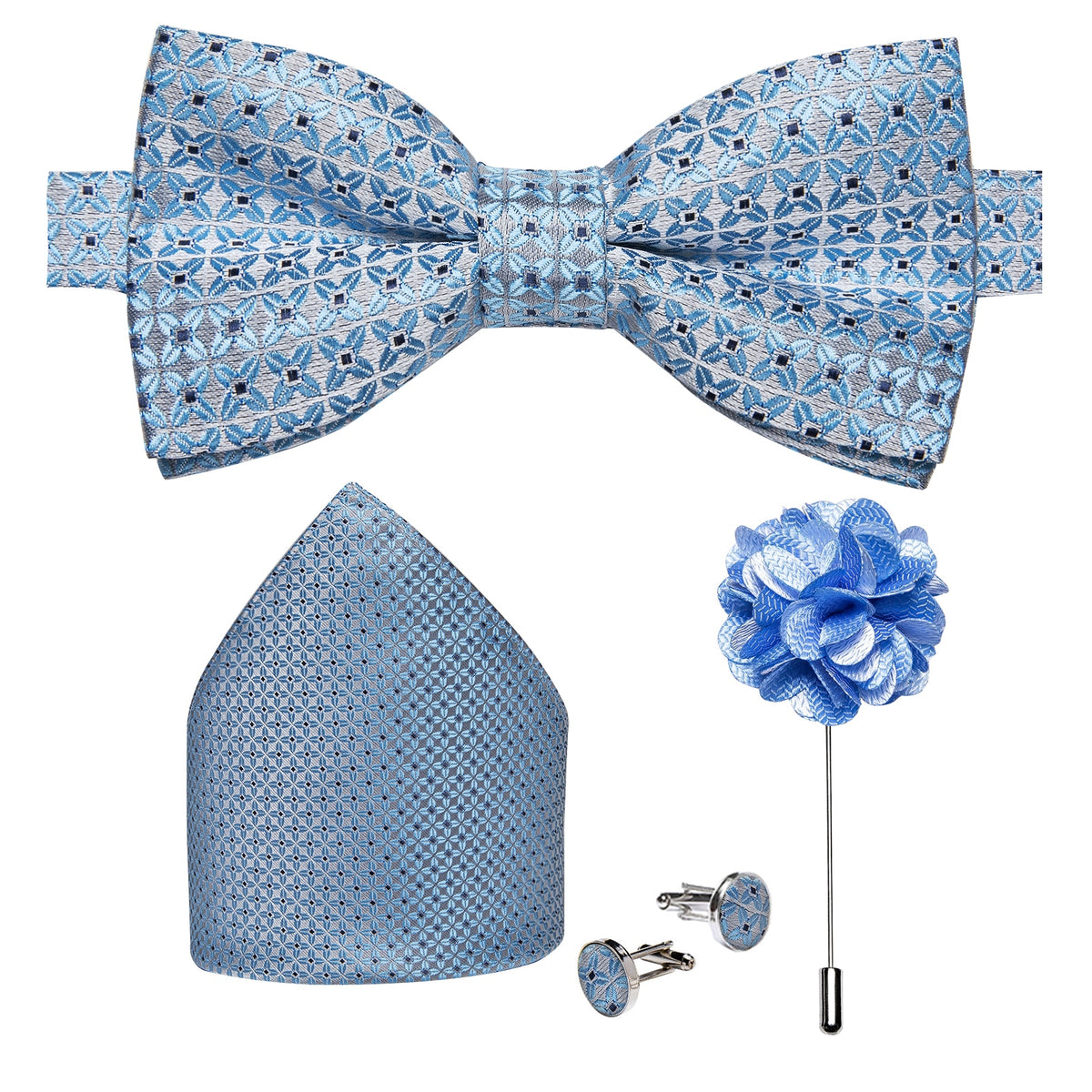 Men's Silk Pre-Tied Butterfly Knot Bow Tie Set with Cufflinks & Corsage for Wedding