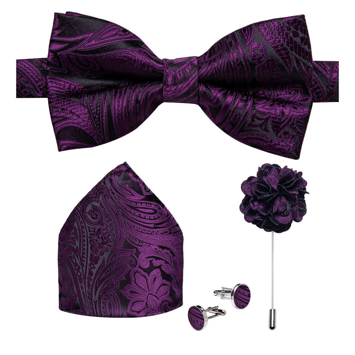 Men's Silk Pre-Tied Butterfly Knot Bow Tie Set with Cufflinks & Corsage for Wedding