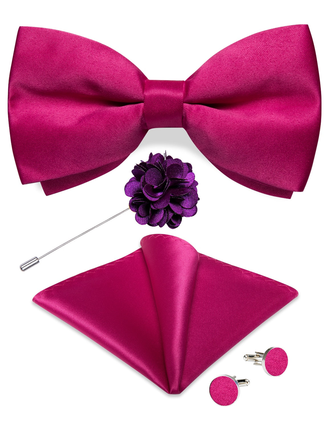 Men's Silk Pre-Tied Butterfly Knot Bow Tie Set with Cufflinks & Corsage for Wedding
