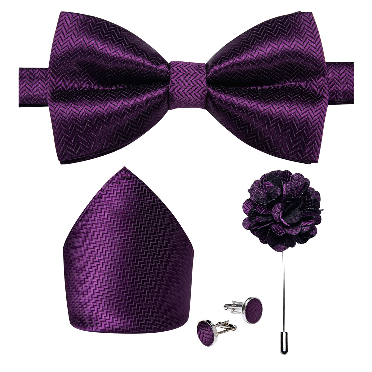 Men's Silk Pre-Tied Butterfly Knot Bow Tie Set with Cufflinks & Corsage for Wedding