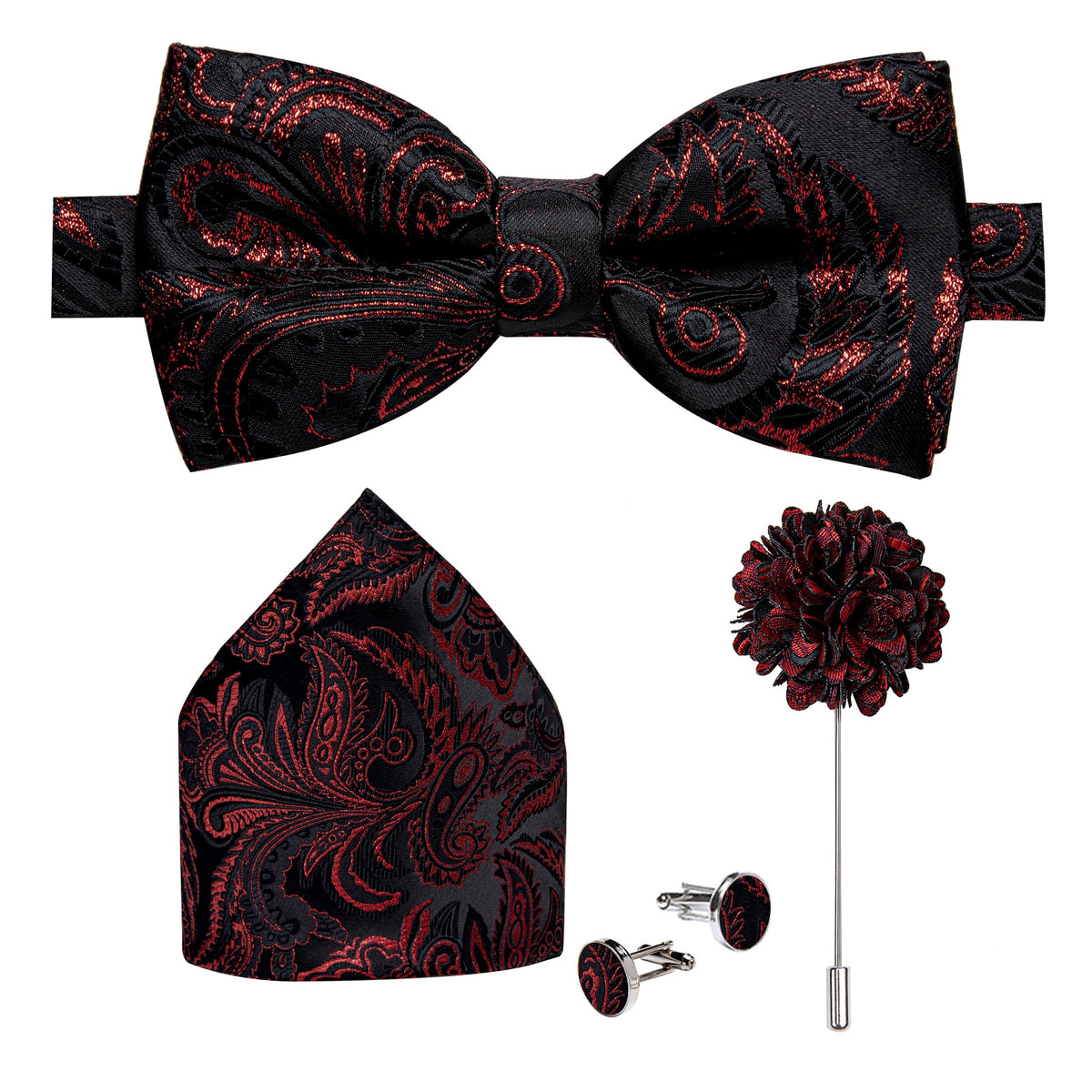 Men's Silk Pre-Tied Butterfly Knot Bow Tie Set with Cufflinks & Corsage for Wedding