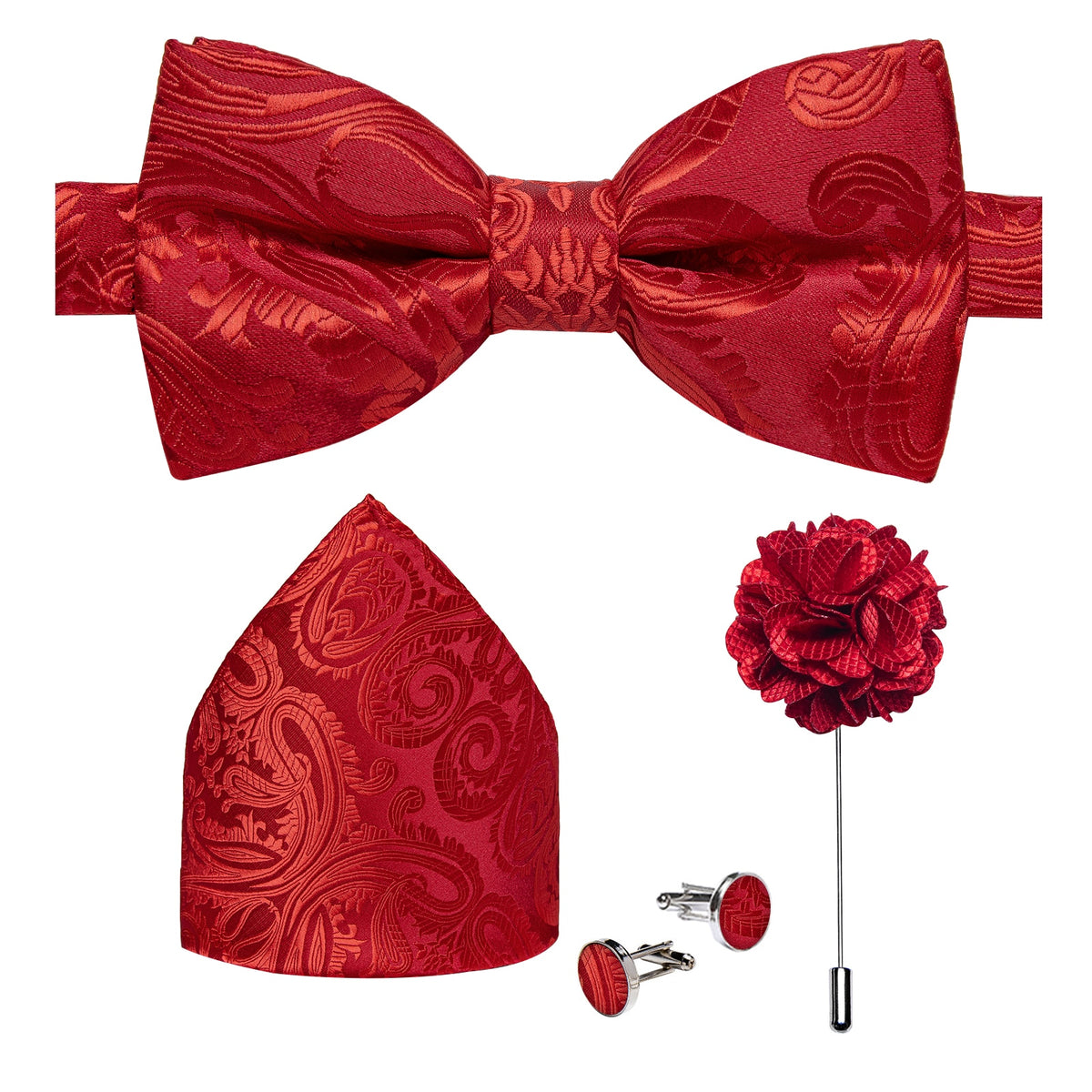 Men's Silk Pre-Tied Butterfly Knot Bow Tie Set with Cufflinks & Corsage for Wedding