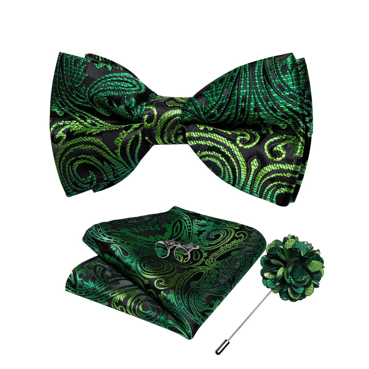 Men's Silk Pre-Tied Butterfly Knot Bow Tie Set with Cufflinks & Corsage for Wedding