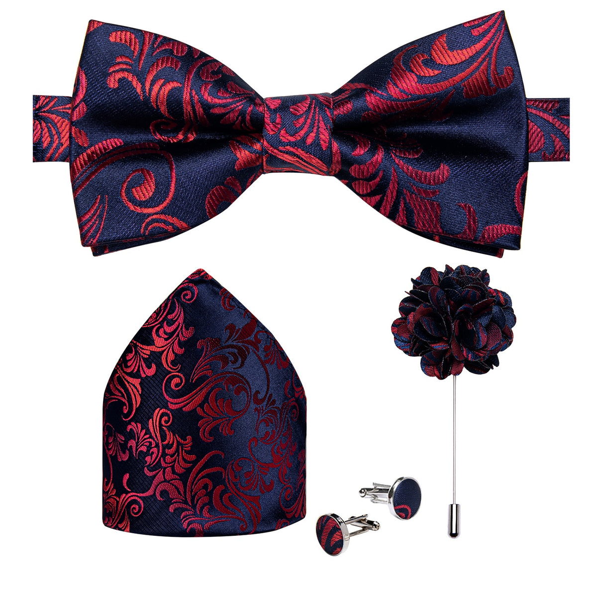 Men's Silk Pre-Tied Butterfly Knot Bow Tie Set with Cufflinks & Corsage for Wedding