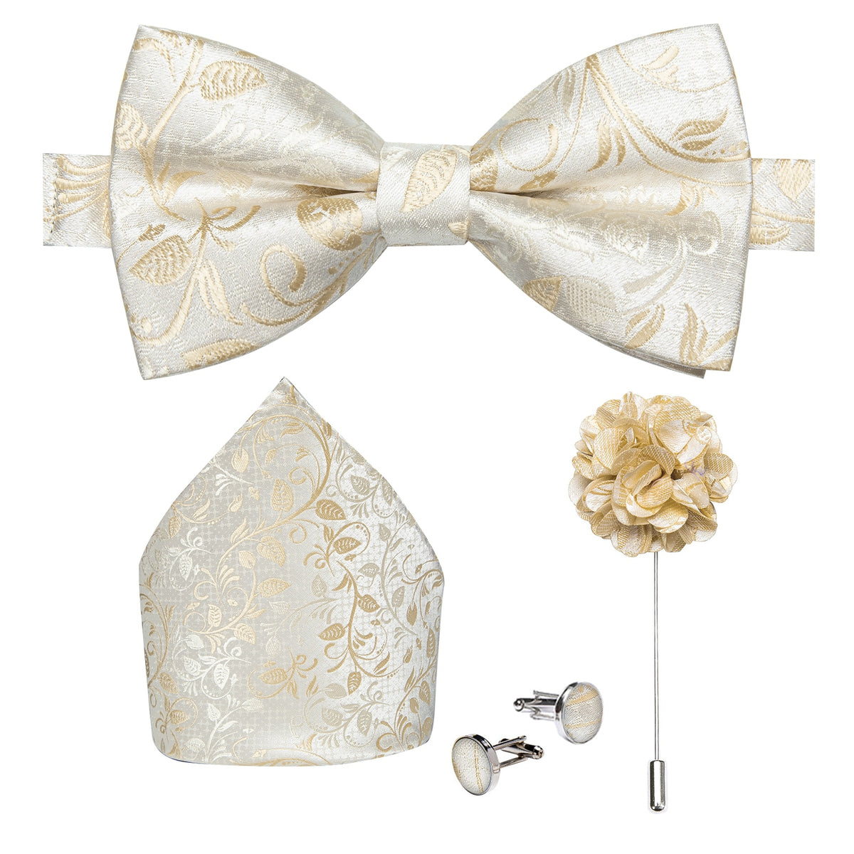 Men's Silk Pre-Tied Butterfly Knot Bow Tie Set with Cufflinks & Corsage for Wedding