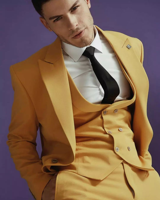 Costume de mariage pour homme, coupe cintrée, jaune, grande taille, un bouton, tenue formelle, 3 pièces 