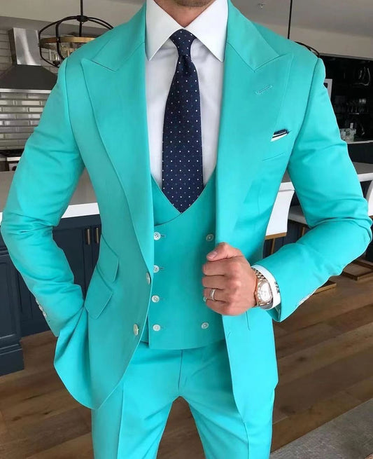 Wedding Men's Suit Mint Green Two Button Slim Fit Custom Large Size  Dress Tuxedo Costume 3 Pieces (Jacket+Pants+Vest)