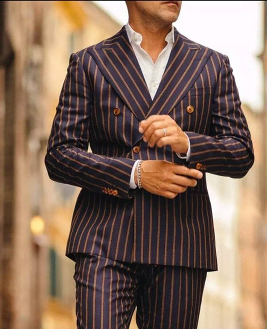 Costume de mariage 2 pièces pour homme, coupe cintrée, croisé, à rayures, sur mesure 
