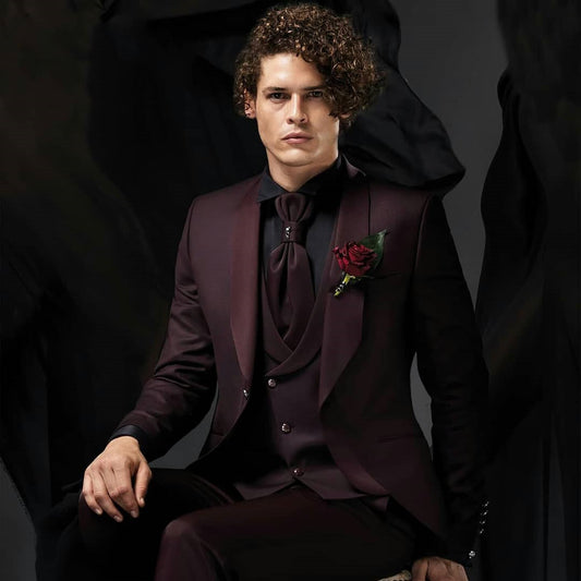 Wedding Men's Suits Slim Fit One Button Custom Large Size Burgundy Satin Dress Gentleman Costume 3 Pieces Outfits