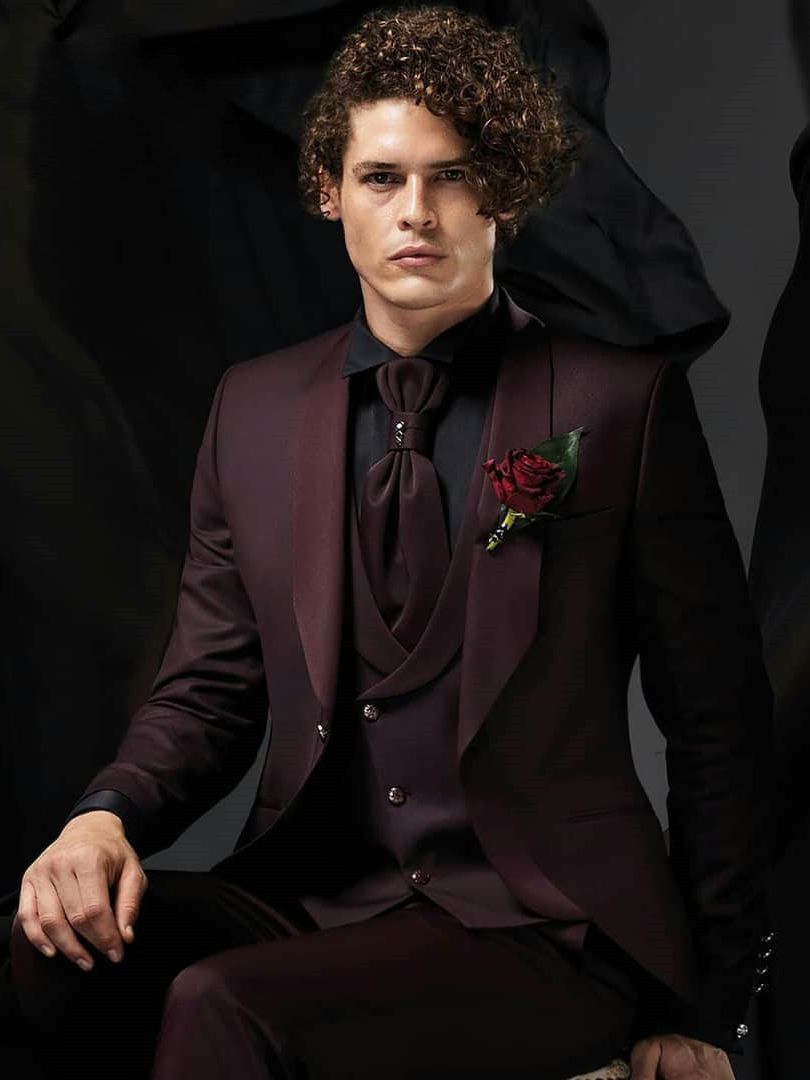 Wedding Men's Suits Slim Fit One Button Custom Large Size Burgundy Satin Dress Gentleman Costume 3 Pieces Outfits