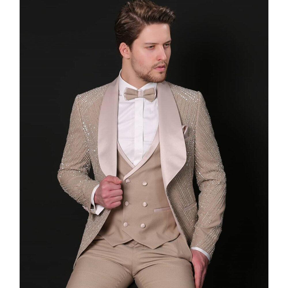 Traje de boda para hombre, color caqui, talla grande, corte entallado, para fiesta, formal, conjunto de 3 piezas (chaqueta, pantalón y chaleco). 