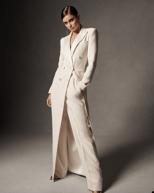 White Double Breasted Long Blazer Women Suits Set Designer Wide Leg Pants 2 Pieces