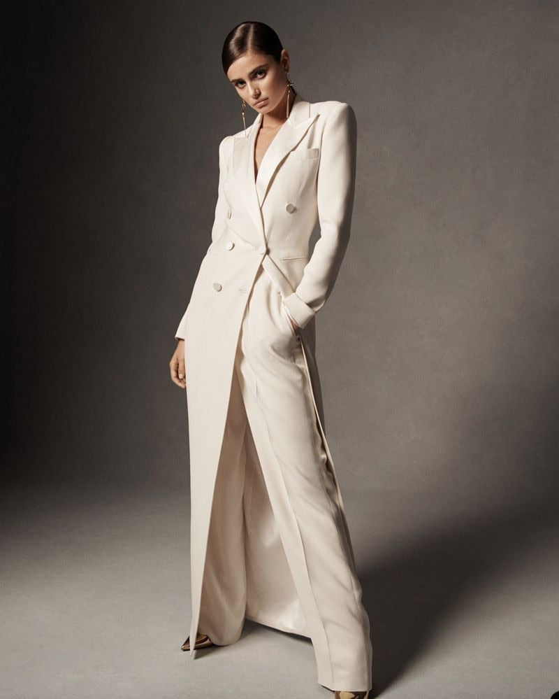 White Double Breasted Long Blazer Women Suits Set Designer Wide Leg Pants 2 Pieces