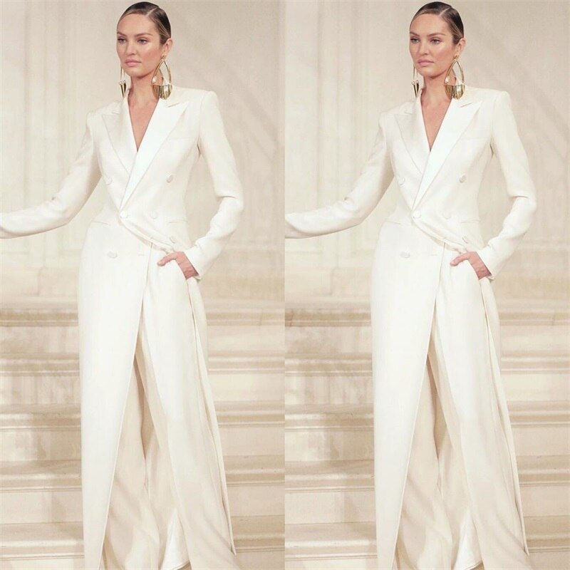 White Double Breasted Long Blazer Women Suits Set Designer Wide Leg Pants 2 Pieces