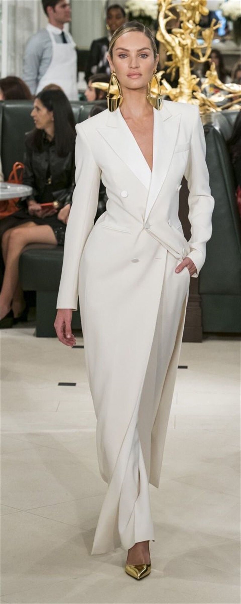 White Double Breasted Long Blazer Women Suits Set Designer Wide Leg Pants 2 Pieces