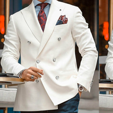 White Double Breasted Men Suits 2 piece Formal Wedding Tuxedo for Groomsmen Man Clothes Set Jacket with Black Pants