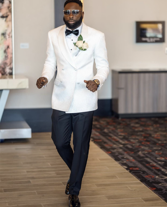 White Floral Wedding Suit Double Breasted With Black Pants Blazer Sets Wedding Groom Groomsmen Slim Fit 2 Piece Men Suit
