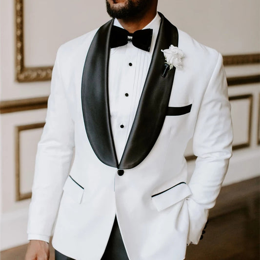 White Men Suits with Black Shawl Lapel for Wedding Terno Slim Fit Groom Tuxedo 2 Piece Jacket Pants Costume