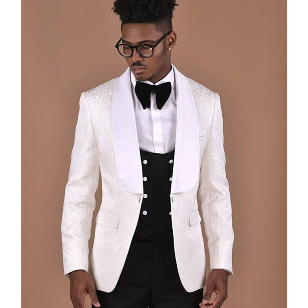 Costume 3 pièces pour homme, motif blanc avec gilet croisé noir, smoking de marié, costume de mariage pour homme