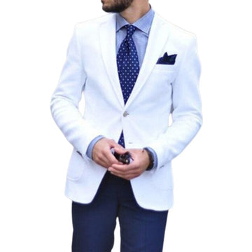 White Slim Fit Men Suits Casual Style 2 Piece Dinner Jacket with Navy Blue Pants Wedding Tuxedo