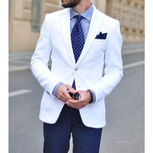 White Slim Fit Men Suits Casual Style 2 Piece Dinner Jacket with Navy Blue Pants Wedding Tuxedo