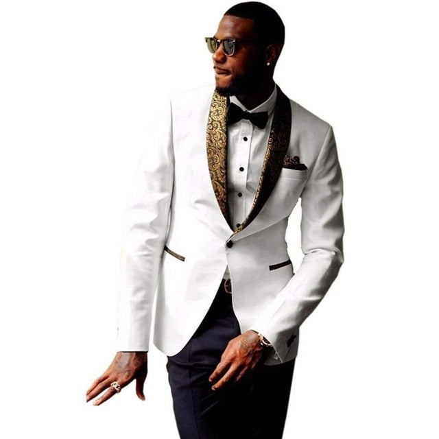White Wedding Men Suits Pattern Shawl Lapel Costume Homme Slim Fit Tuxedos GroomProm Blazer Terno 2 Pcs( Jacket+Pants)