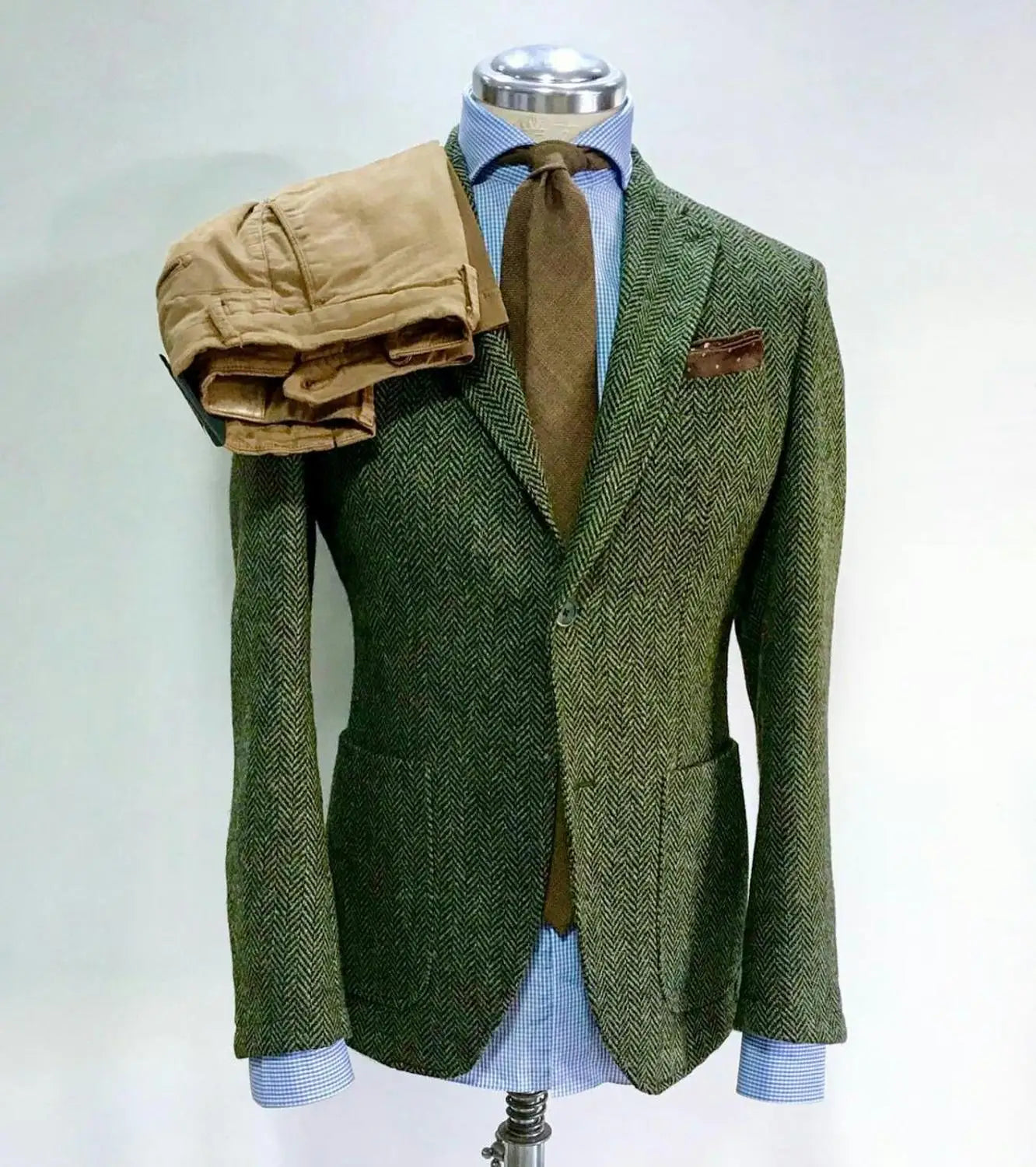 Winter Green Tweed Business Mens Coat Suits Warm Men Tuxedos Men Prom Dinner Blazer Suit