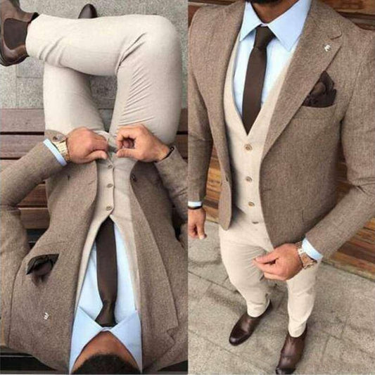 Tweed Fabric Man Business Suits Beige Groom Tuxedos Slim Fits Men Prom Party Coat Trousers Sets (Jacket+Vest+Pants+Tie)