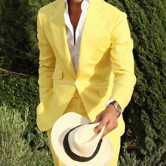 Yellow Linen Beach Men Suits Slim Fit 2 Piece Wedding Groom Tuxedo with Peaked Lapel Costume Blazer with Pants