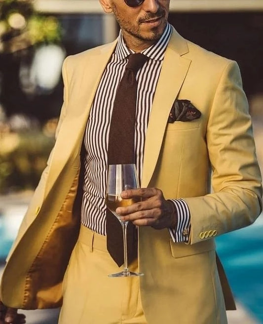 Yellow Notch Lapel Men Suits Slim Fit 2 Piece Custom Made Tuxedo Wedding Groom Prom Evening Blazer Masculino Slim Jacket+Pant