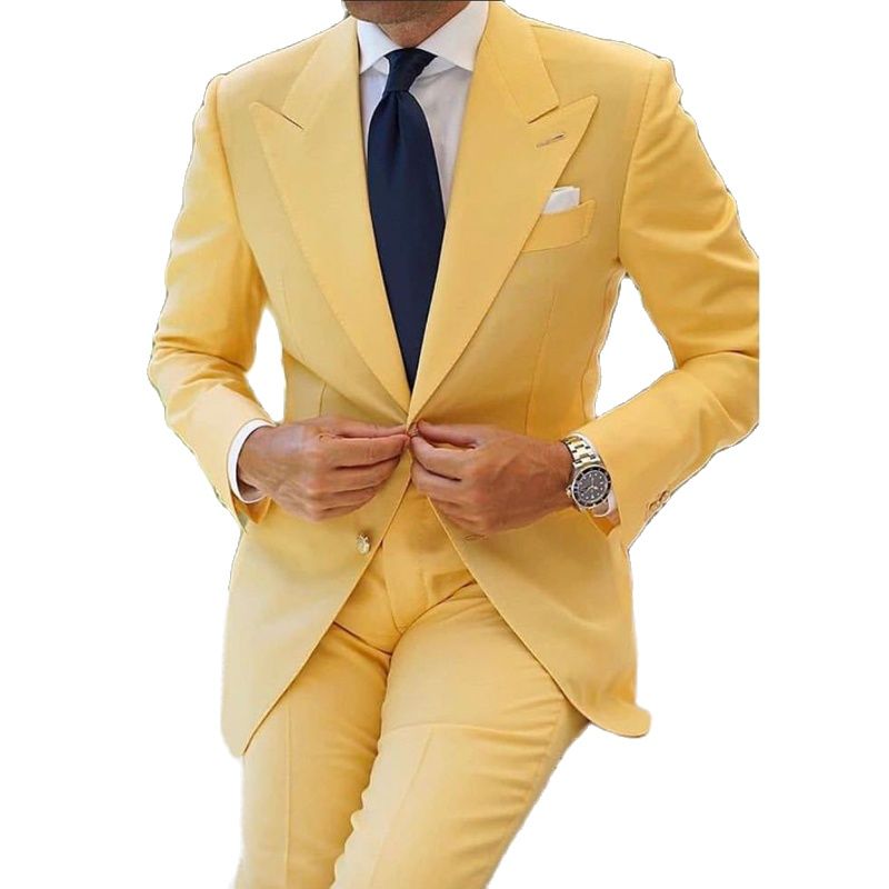Yellow Prom Men Suits Slim Fit Peaked Lapel Wedding Groom Tuxedos 2 Piece Jacket with Pants