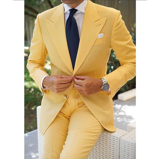 Yellow Prom Men Suits Slim Fit Peaked Lapel Wedding Groom Tuxedos 2 Piece Jacket with Pants