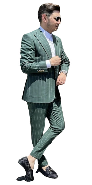 Dark Green Striped Suit Classic Suits Men Terno Groom Tuxedos Two Piece