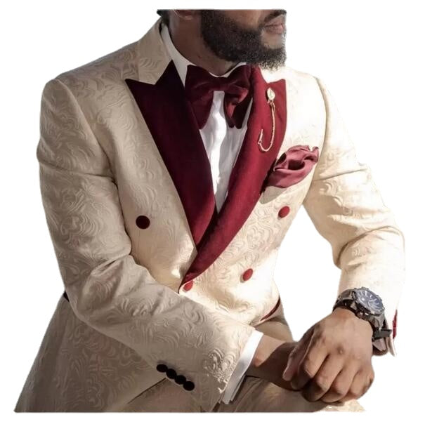 Wedding Tuxedos Formal Men Suit Slim Fit Burgundy Collars Men Suits Groom Outfit Blazer for Wedding Prom Jacket And Pants