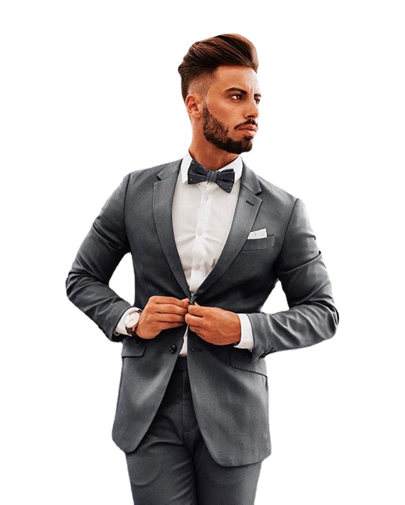 Casual Grey Men Suits Groom Tuxedos Groomsmen Wedding Party Dinner Men Best Man Suits 2 Pcs (Jacket+Pants+Tie)
