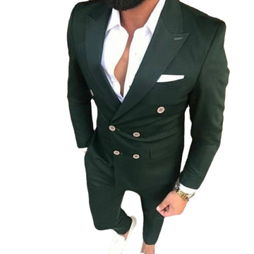 Green Double Breasted Men Suits Peak Lapel Terno Slim Fit Groom Tuxedos Two Buttons Men Suits Wedding (Jacket+Pants)