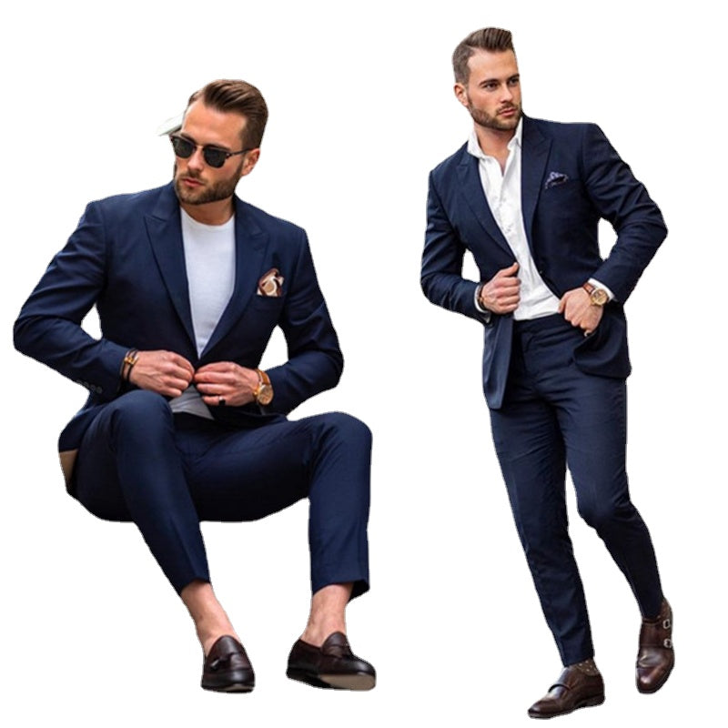Navy Blue Wedding Suit Slim Fit Bridegroom Tuxedos Men Casual Groomsmen Suits Formal Business 2 Pieces (Jacket+Pants)