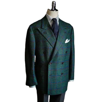 Green Men Suit Tailor-Made 2 Pieces Blazer Gray Pants Tuxedo Double Breasted Plaid Modern Slim Fit Wedding Groom Prom Tailored